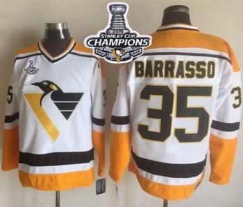 Pittsburgh Penguins #35 Tom Barrasso WhiteYellow CCM Throwback 2016 Stanley Cup Champions Stitched NHL Jersey