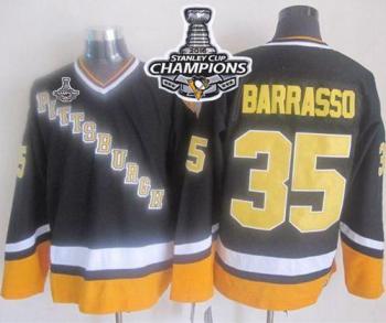 Pittsburgh Penguins #35 Tom Barrasso BlackYellow CCM Throwback 2016 Stanley Cup Champions Stitched NHL Jersey