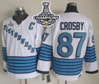 Pittsburgh Penguins #87 Sidney Crosby WhiteLight Blue CCM Throwback 2016 Stanley Cup Champions Stitched NHL Jersey