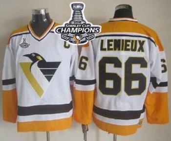 Pittsburgh Penguins #66 Mario Lemieux WhiteYellow CCM Throwback 2016 Stanley Cup Champions Stitched NHL Jersey