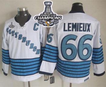 Pittsburgh Penguins #66 Mario Lemieux WhiteLight Blue CCM Throwback 2016 Stanley Cup Champions Stitched NHL Jersey