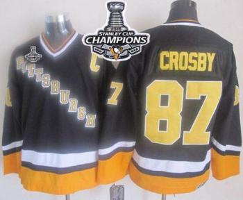 Pittsburgh Penguins #87 Sidney Crosby BlackYellow CCM Throwback 2016 Stanley Cup Champions Stitched NHL Jersey
