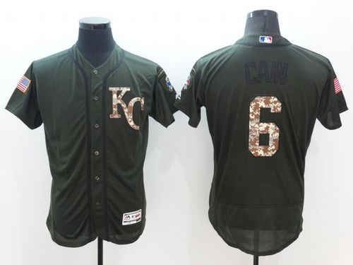 Mens Kansas City Royals #6 Lorenzo Cain Green Stitched 2016 Flexbase Authentic Salute To Service Baseball Jersey