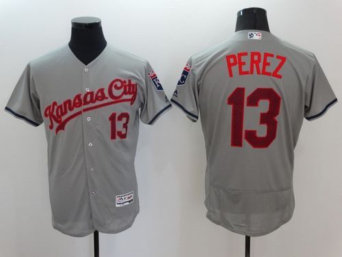 #13 Mens Kansas City Royals Salvador Perez Majestic Gray Fashion Stars & Stripes Flexbase Baseball Jersey
