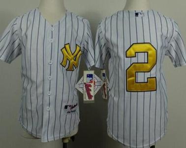 Kids New York Yankees #2 Derek Jeter White Stitched Gold Fashion Baseball Jersey