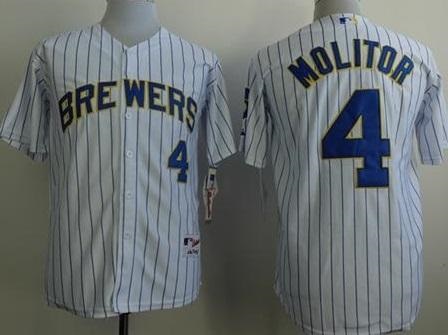 Brewers 4 Paul Molitor White Blue Strip Stitched MLB Jerseys