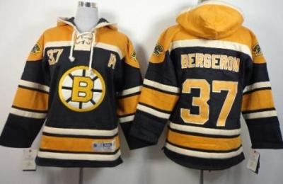Kids Boston Bruins 37 Patrice Bergeron Black Lace-Up NHL Jersey Hoodie