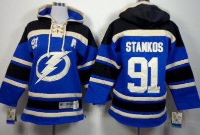 Kids Tampa Bay Lightning 91 Steven Stamkos Blue Stitched NHL Sawyer Hooded Sweatshirt Jersey