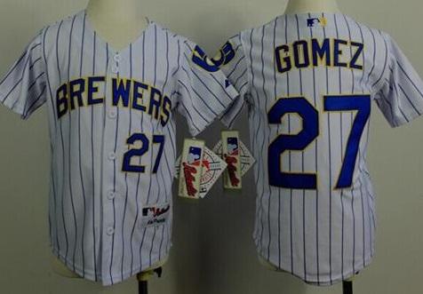Kids Milwaukee Brewers #27 Carlos Gomez White Blue Stripe Stitched Baseball Jersey