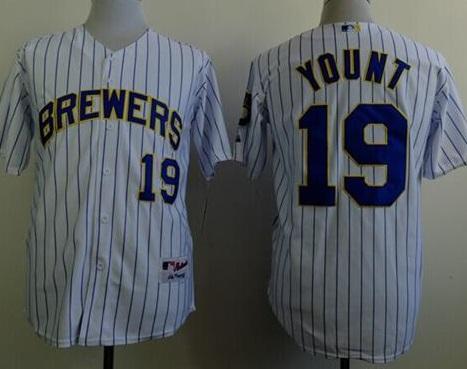 Milwaukee Brewers #19 Robin Yount White Blue Strip Stitched Baseball Jersey