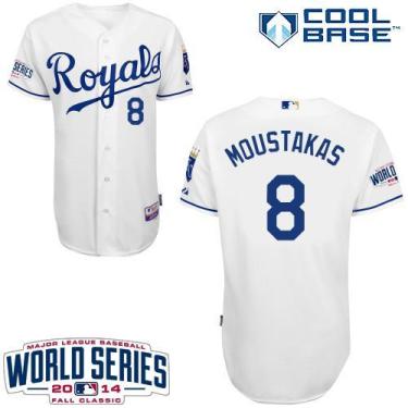 Kansas City Royals #8 Mike Moustakas White 2014 World Series Patch Stitched MLB Baseball Jersey