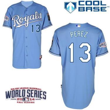 Kansas City Royals #13 Salvador Perez Light Blue 2014 World Series Patch Stitched MLB Baseball Jersey