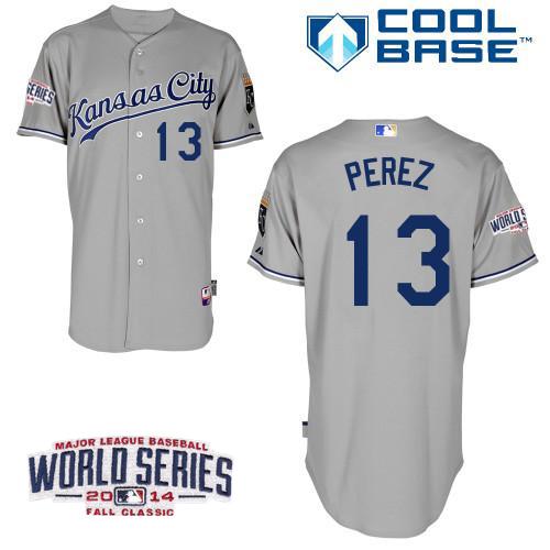 Kansas City Royals #13 Salvador Perez Grey 2014 World Series Patch Stitched MLB Baseball Jersey