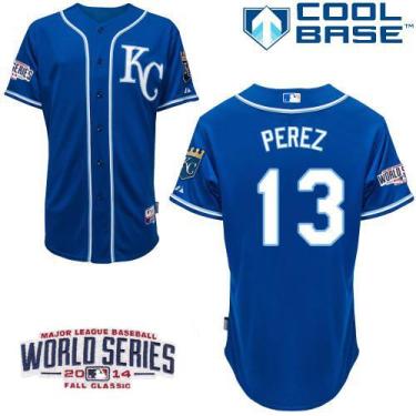 Kansas City Royals #13 Salvador Perez Blue 2014 World Series Patch Stitched MLB Baseball Jersey