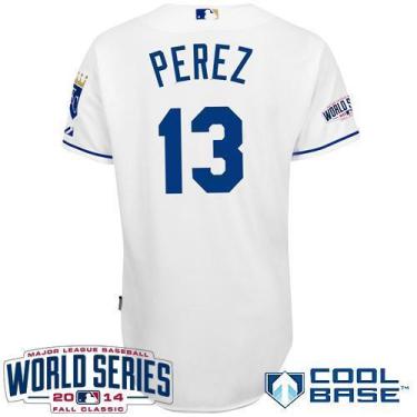 Kansas City Royals #13 Salvador Perez White 2014 World Series Patch Stitched MLB Baseball Jersey