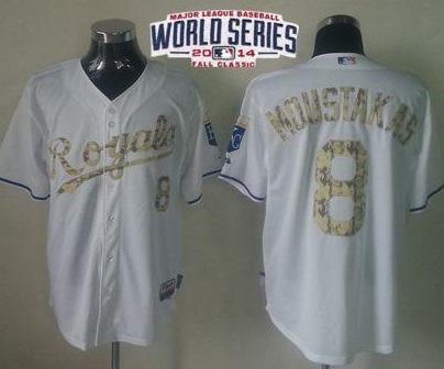 Kansas City Royals #8 Mike Moustakas White USMC 2014 World Series Patch Stitched MLB Baseball Jersey