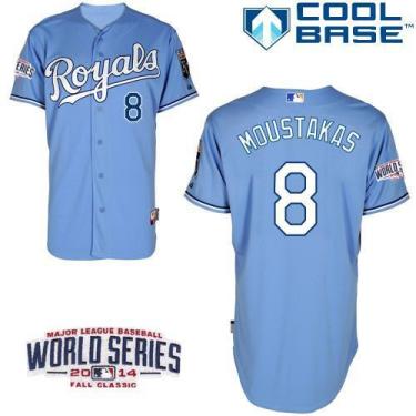 Kansas City Royals #8 Mike Moustakas Light Blue 2014 World Series Patch Stitched MLB Baseball Jersey