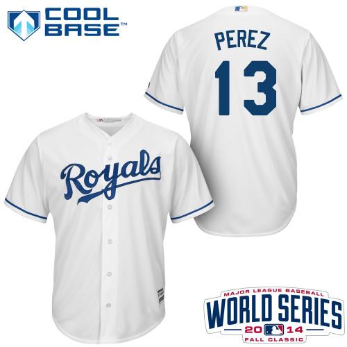 Youth Kansas City Royals #13 Salvador Perez White 2014 World Series Patch Stitched MLB Baseball Jersey