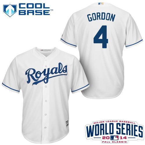 Youth Kansas City Royals #4 Alex Gordon White 2014 World Series Patch Stitched MLB Baseball Jersey