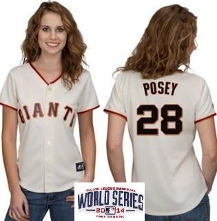 Women San Francisco Giants #28 Buster Posey Cream MLB Jerseys W 2014 World Series Patch