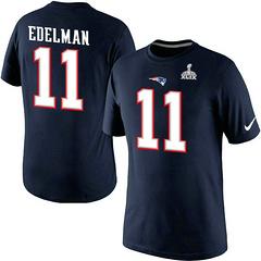Mens New England Patriots #11 Julian Edelman Super Bowl XLIX Mens Player Name & Number T-Shirt Navy Blue