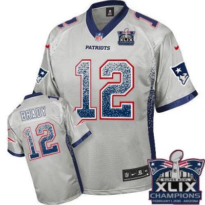 Women's New England Patriots #12 Tom Brady Grey Super Bowl XLIX Champions Patch Stitched NFL Drift Fashion Jersey