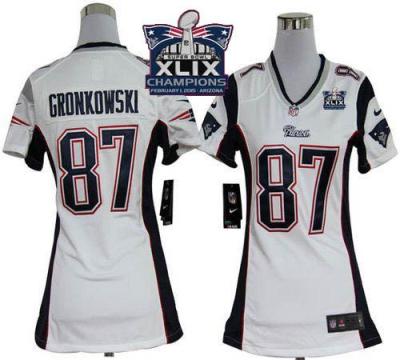 Women's New England Patriots #87 Rob Gronkowski White Super Bowl XLIX Champions Patch Stitched NFL Jersey