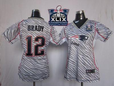 Women's New England Patriots #12 Tom Brady Zebra Super Bowl XLIX Champions Patch Stitched NFL Jersey
