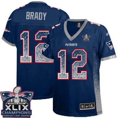 Women's New England Patriots #12 Tom Brady Navy Blue Team Color Super Bowl XLIX Champions Patch Stitched NFL Drift Fashion Jersey