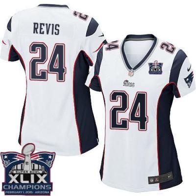 Women's New England Patriots #24 Darrelle Revis White Super Bowl XLIX Champions Patch Stitched NFL Jersey