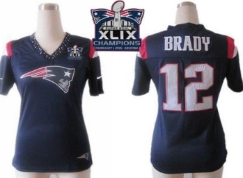 Women's New England Patriots #12 Tom Brady Navy Blue Team Color Super Bowl XLIX Champions Patch Team Diamond Stitched NFL Jersey
