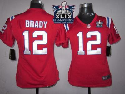 Women's New England Patriots #12 Tom Brady Red Alternate Super Bowl XLIX Champions Patch Stitched NFL Jersey