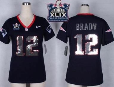Women's New England Patriots #12 Tom Brady Navy Blue Super Bowl XLIX Champions Patch Stitched NFL Handwork Sequin Lettering Jersey
