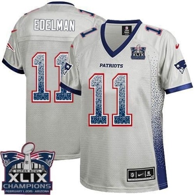 Women's New England Patriots #11 Julian Edelman Grey Super Bowl XLIX Champions Patch Stitched NFL Drift Fashion Jersey