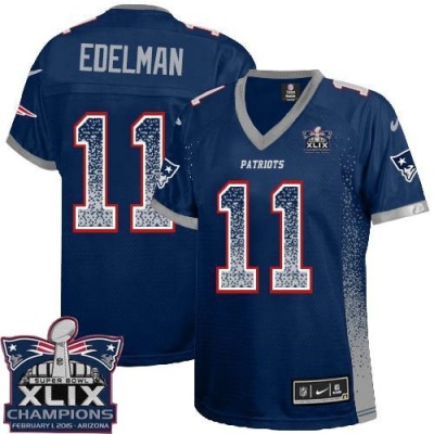 Women's New England Patriots #11 Julian Edelman Navy Blue Team Color Super Bowl XLIX Champions Patch Stitched NFL Drift Fashion Jersey