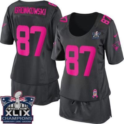Women's New England Patriots #87 Rob Gronkowski Dark Grey Super Bowl XLIX Champions Patch Breast Cancer Awareness Stitched NFL Elite