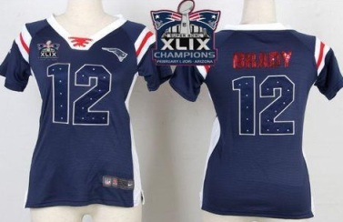 Women's New England Patriots #12 Tom Brady Navy Blue Super Bowl XLIX Champions Patch Stitched NFL Draft Him Shimmer Jersey