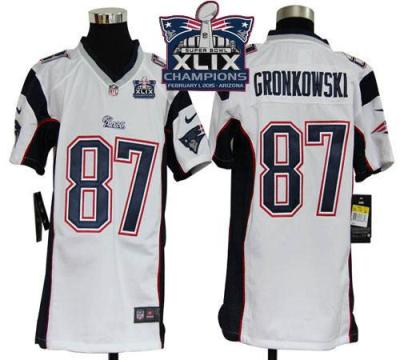 Youth New England Patriots #87 Rob Gronkowski White Super Bowl XLIX Champions Patch Stitched NFL Jersey