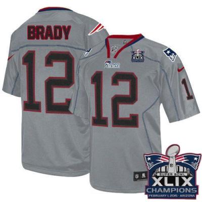 Youth New England Patriots #12 Tom Brady Lights Out Grey Super Bowl XLIX Champions Patch Stitched NFL Jersey