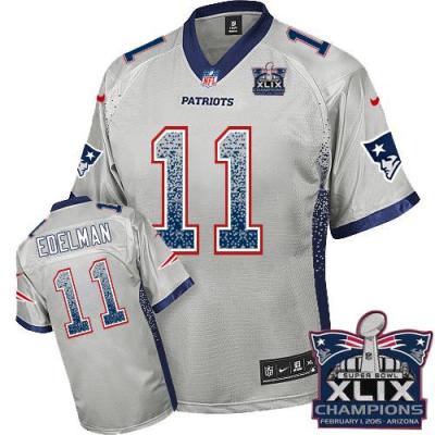 Youth New England Patriots #11 Julian Edelman Grey Super Bowl XLIX Champions Patch Stitched NFL Drift Fashion Jersey