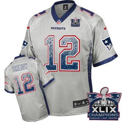 Youth New England Patriots #12 Tom Brady Grey Super Bowl XLIX Champions Patch Stitched NFL Drift Fashion Jersey