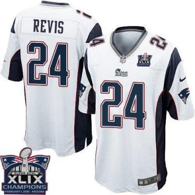 Youth New England Patriots #24 Darrelle Revis White Super Bowl XLIX Champions Patch Stitched NFL Jersey