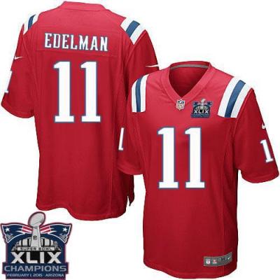 Youth New England Patriots #11 Julian Edelman Red Alternate Super Bowl XLIX Champions Patch Stitched NFL Jersey