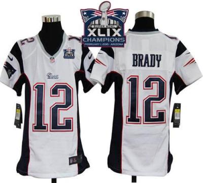 Youth New England Patriots #12 Tom Brady White Super Bowl XLIX Champions Patch Stitched NFL Jersey