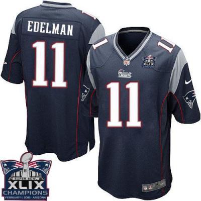 Youth New England Patriots #11 Julian Edelman Navy Blue Team Color Super Bowl XLIX Champions Patch Stitched NFL Jersey