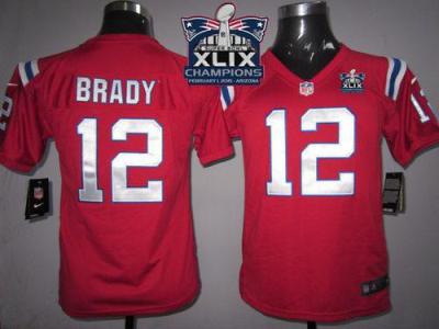 Youth New England Patriots #12 Tom Brady Red Alternate Super Bowl XLIX Champions Patch Stitched NFL Jersey