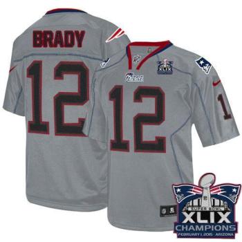 New England Patriots #12 Tom Brady Lights Out Grey Super Bowl XLIX Champions Patch Men's Stitched NFL Elite Jersey