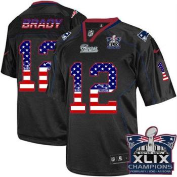 New England Patriots #12 Tom Brady Black Super Bowl XLIX Champions Patch Men's Stitched NFL Elite USA Flag Fashion Jersey