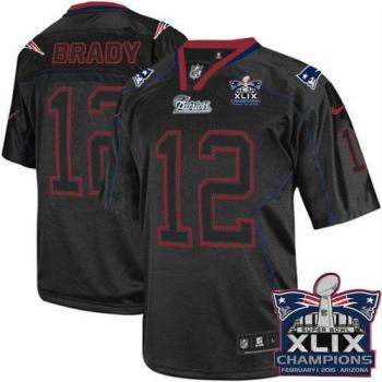 New England Patriots #12 Tom Brady Lights Out Black Super Bowl XLIX Champions Patch Men's Stitched NFL Elite Jersey