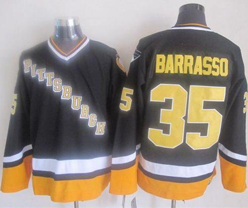 Pittsburgh Penguins #35 Tom Barrasso Black Yellow CCM Throwback Stitched NHL Jersey